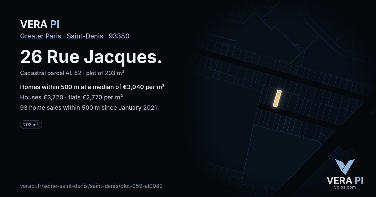 26 Rue Jacques, Saint-Denis at night – the plot lit, the parcels around coloured by the prices near them