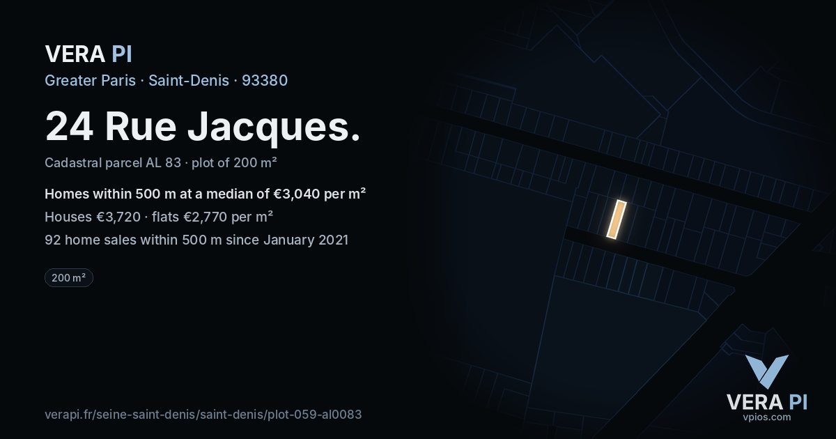 24 Rue Jacques, Saint-Denis at night – the plot lit, the parcels around coloured by the prices near them