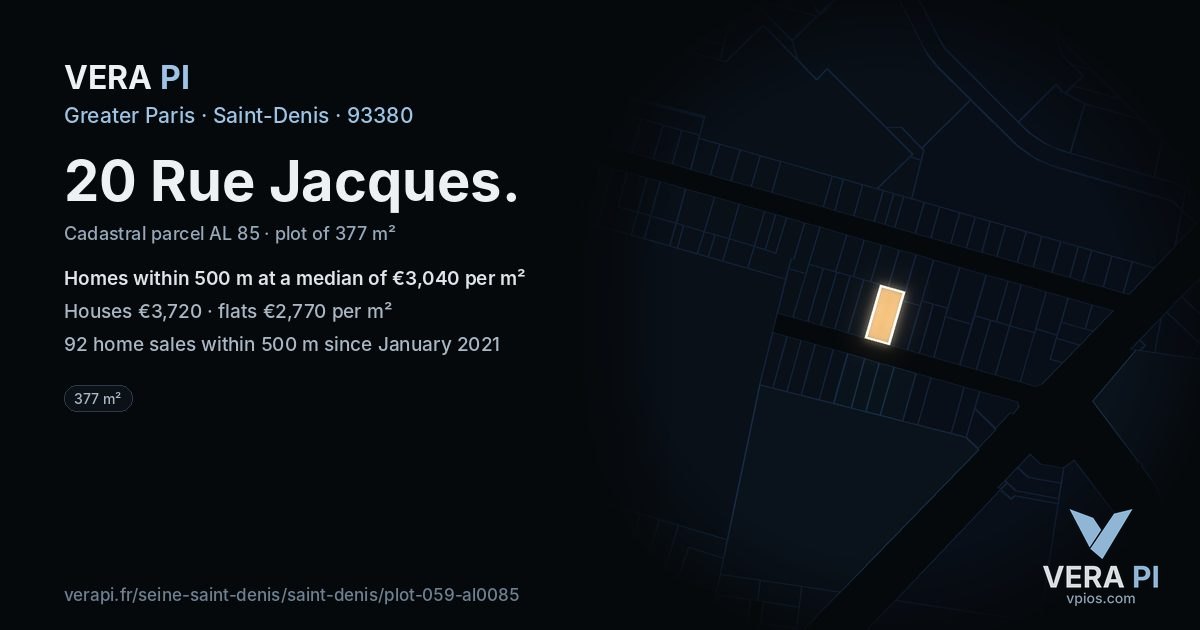 20 Rue Jacques, Saint-Denis at night – the plot lit, the parcels around coloured by the prices near them
