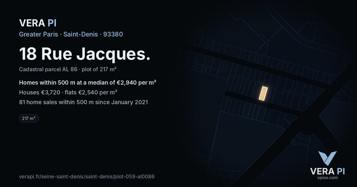 18 Rue Jacques, Saint-Denis at night – the plot lit, the parcels around coloured by the prices near them