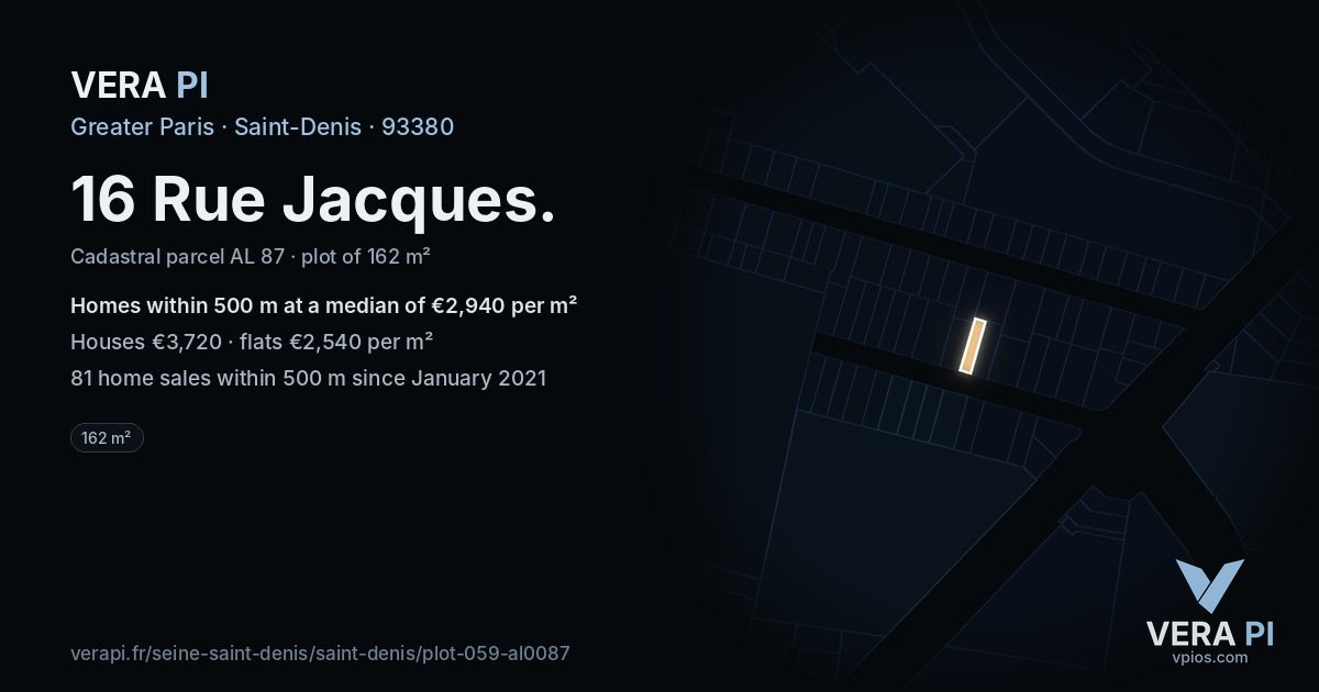 16 Rue Jacques, Saint-Denis at night – the plot lit, the parcels around coloured by the prices near them