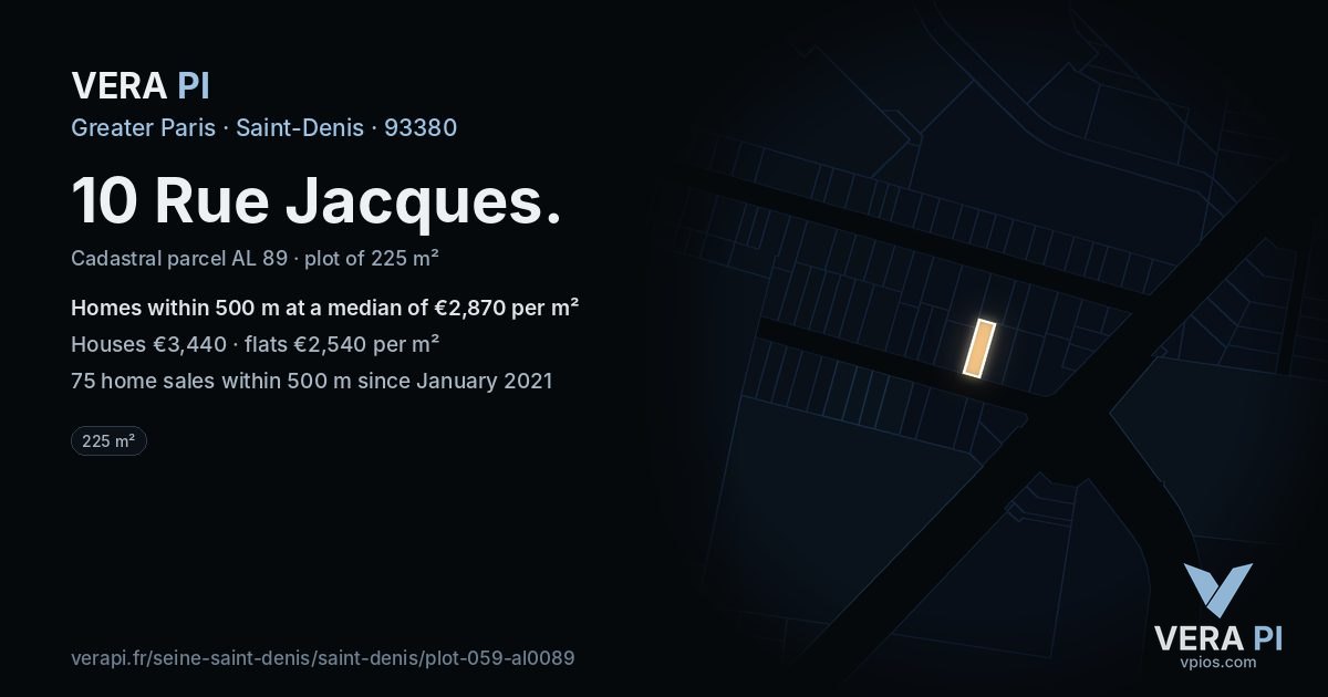 10 Rue Jacques, Saint-Denis at night – the plot lit, the parcels around coloured by the prices near them