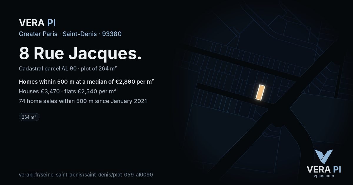 8 Rue Jacques, Saint-Denis at night – the plot lit, the parcels around coloured by the prices near them