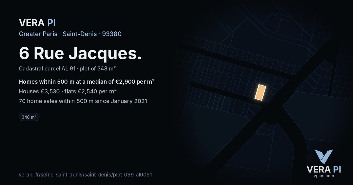 6 Rue Jacques, Saint-Denis at night – the plot lit, the parcels around coloured by the prices near them