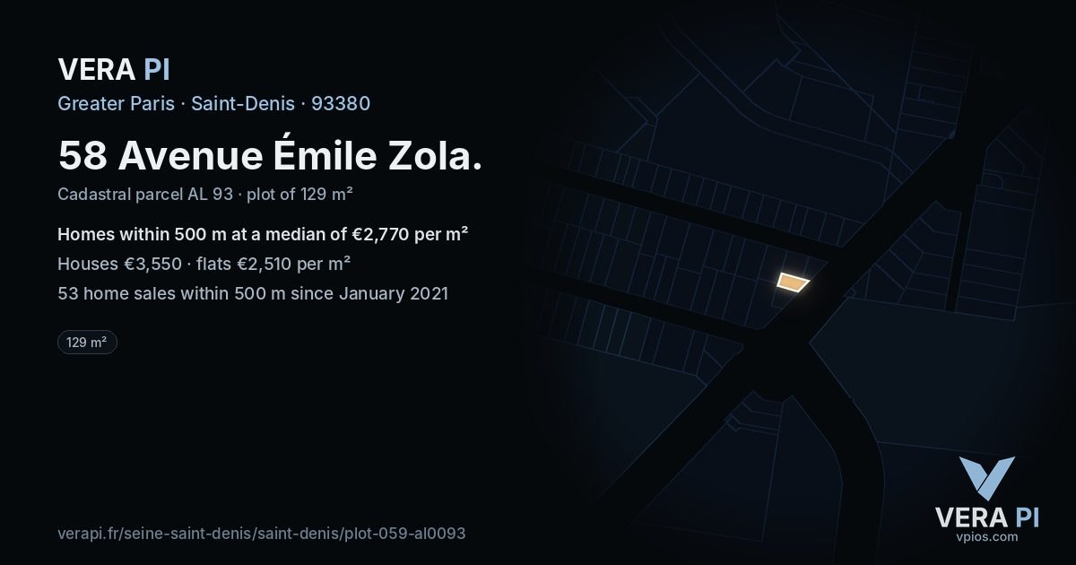 58 Avenue Émile Zola, Saint-Denis at night – the plot lit, the parcels around coloured by the prices near them