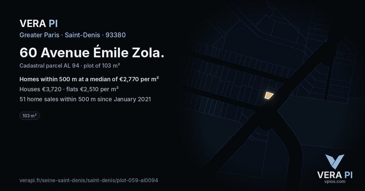 60 Avenue Émile Zola, Saint-Denis at night – the plot lit, the parcels around coloured by the prices near them