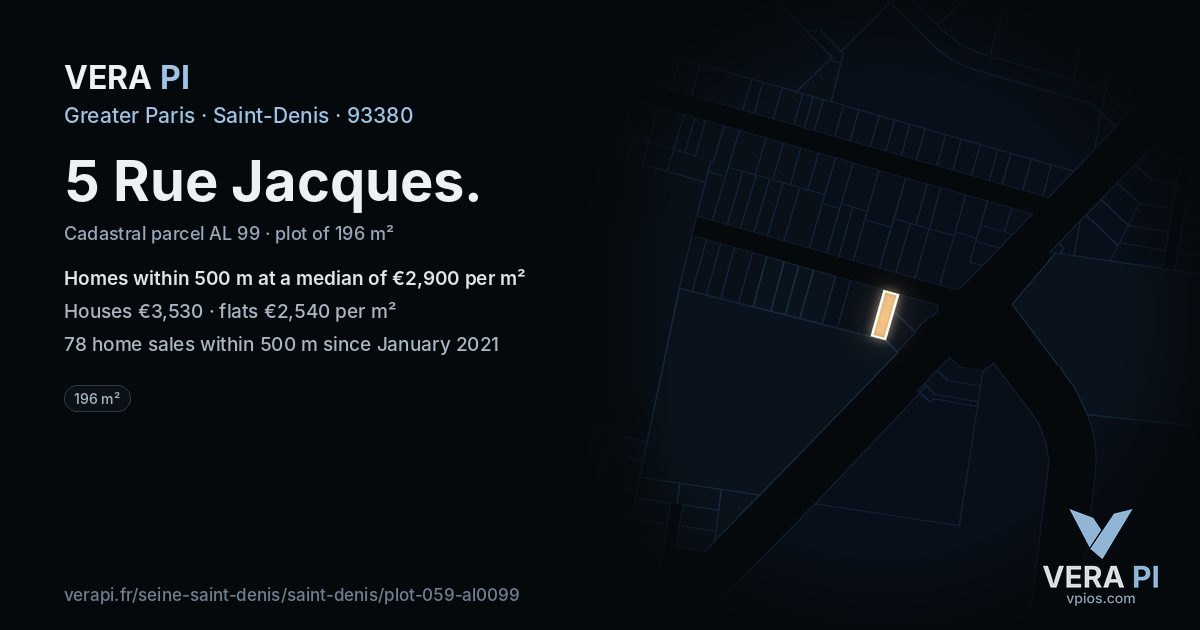 5 Rue Jacques, Saint-Denis at night – the plot lit, the parcels around coloured by the prices near them