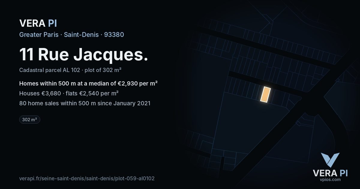 11 Rue Jacques, Saint-Denis at night – the plot lit, the parcels around coloured by the prices near them