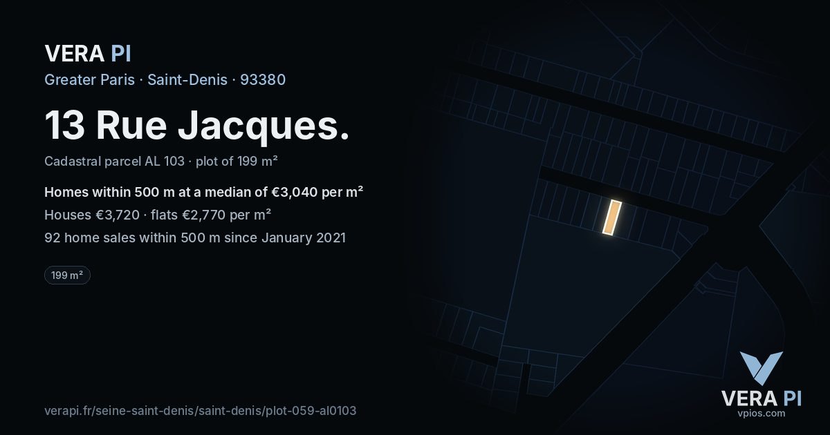 13 Rue Jacques, Saint-Denis at night – the plot lit, the parcels around coloured by the prices near them
