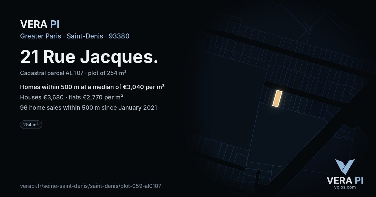 21 Rue Jacques, Saint-Denis at night – the plot lit, the parcels around coloured by the prices near them