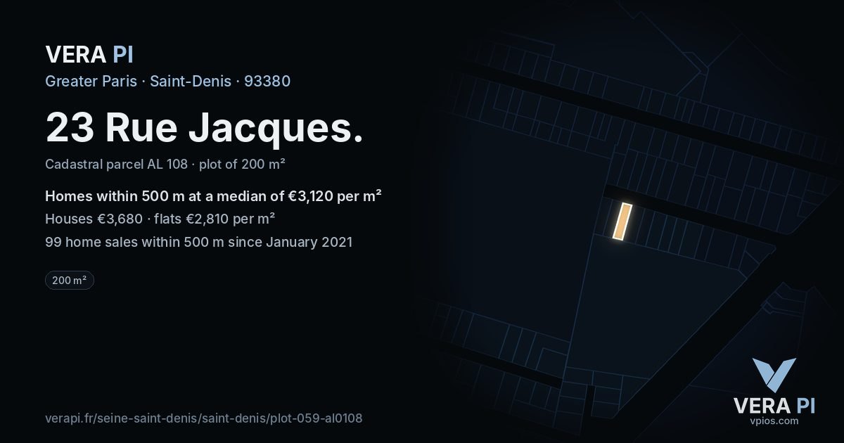 23 Rue Jacques, Saint-Denis at night – the plot lit, the parcels around coloured by the prices near them