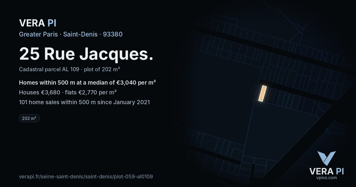 25 Rue Jacques, Saint-Denis at night – the plot lit, the parcels around coloured by the prices near them
