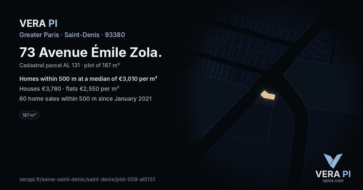 73 Avenue Émile Zola, Saint-Denis at night – the plot lit, the parcels around coloured by the prices near them