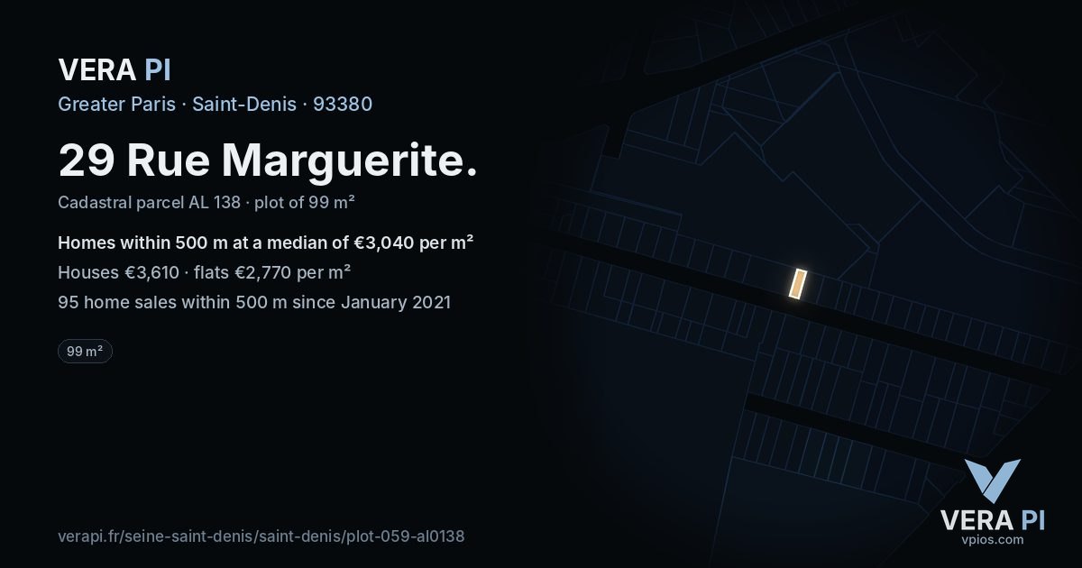29 Rue Marguerite, Saint-Denis at night – the plot lit, the parcels around coloured by the prices near them