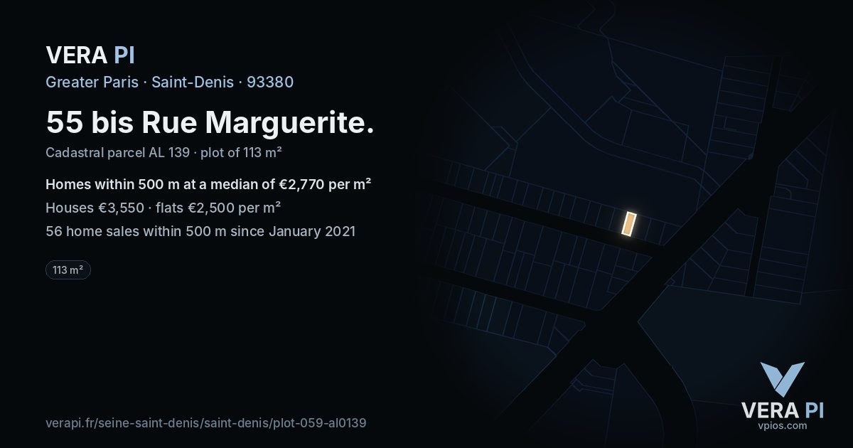 55 bis Rue Marguerite, Saint-Denis at night – the plot lit, the parcels around coloured by the prices near them