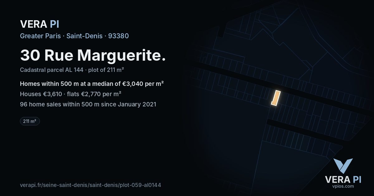 30 Rue Marguerite, Saint-Denis at night – the plot lit, the parcels around coloured by the prices near them