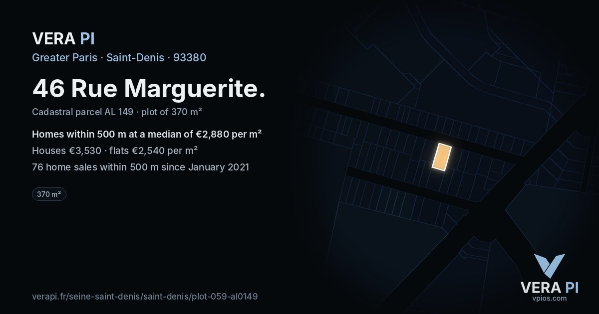 46 Rue Marguerite, Saint-Denis at night – the plot lit, the parcels around coloured by the prices near them
