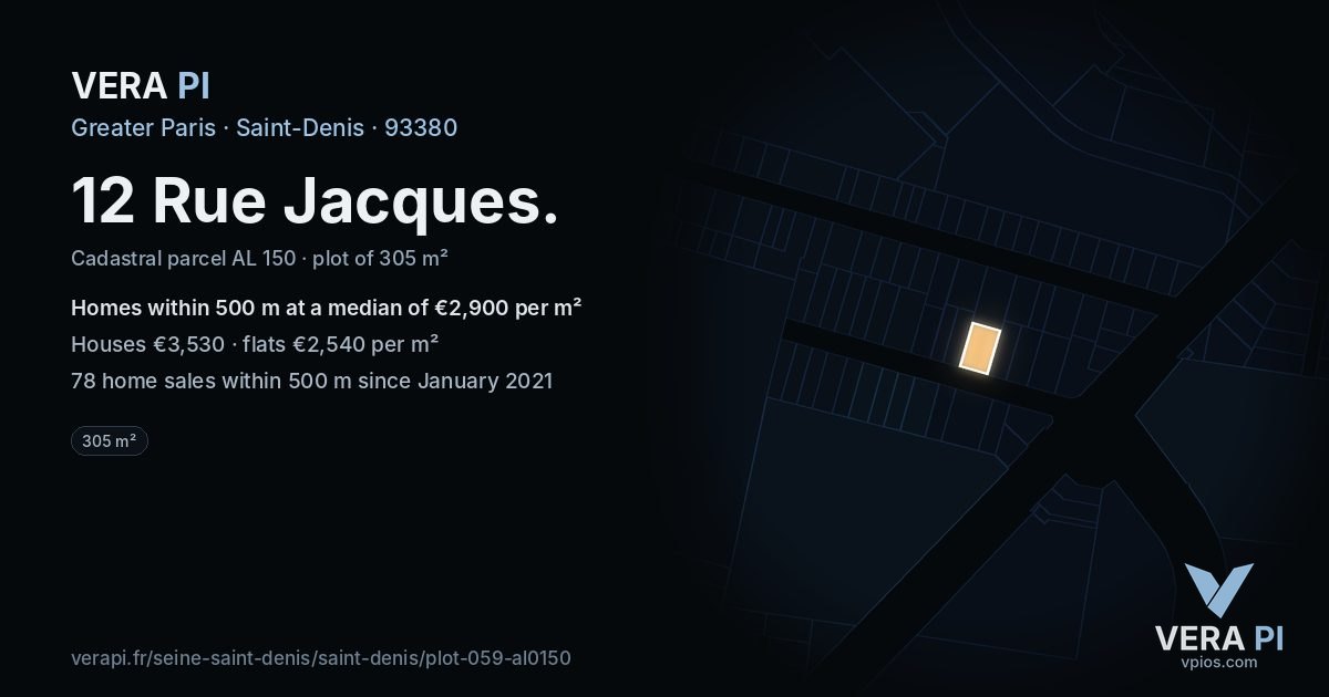 12 Rue Jacques, Saint-Denis at night – the plot lit, the parcels around coloured by the prices near them