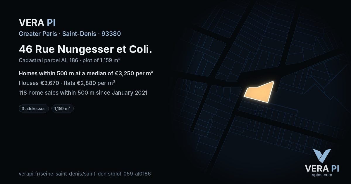 46 Rue Nungesser et Coli, Saint-Denis at night – the plot lit, the parcels around coloured by the prices near them