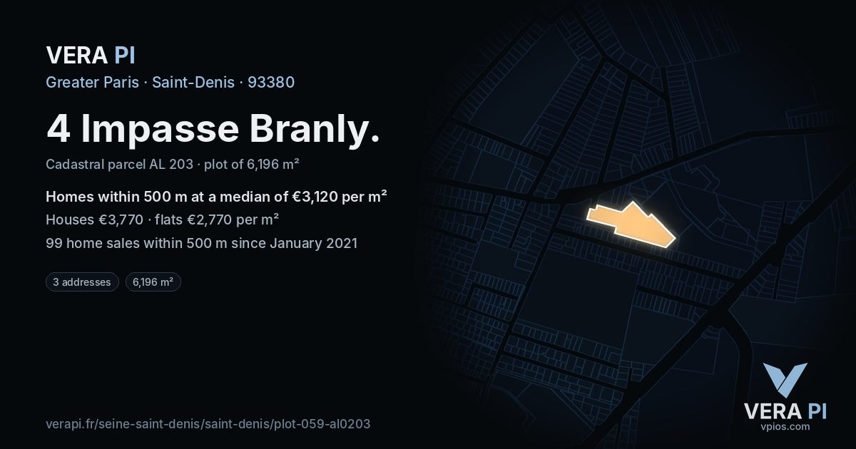 4 Impasse Branly, Saint-Denis at night – the plot lit, the parcels around coloured by the prices near them
