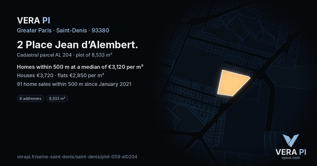 2 Place Jean d’Alembert, Saint-Denis at night – the plot lit, the parcels around coloured by the prices near them
