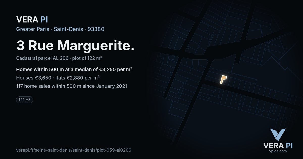 3 Rue Marguerite, Saint-Denis at night – the plot lit, the parcels around coloured by the prices near them
