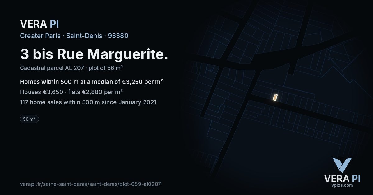 3 bis Rue Marguerite, Saint-Denis at night – the plot lit, the parcels around coloured by the prices near them