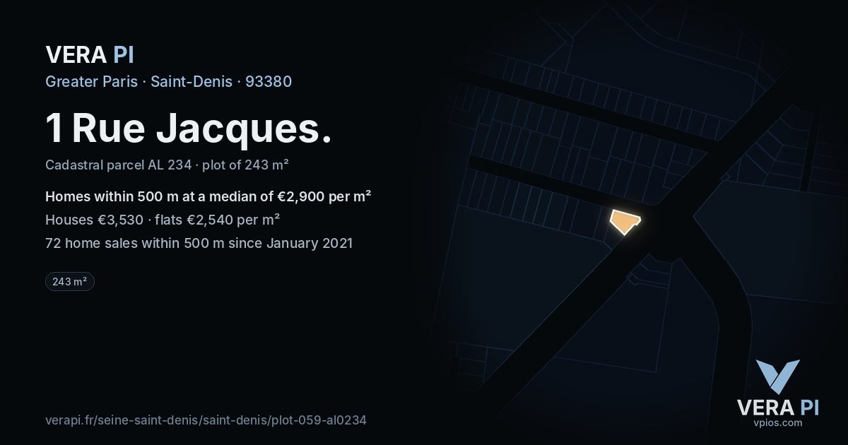 1 Rue Jacques, Saint-Denis at night – the plot lit, the parcels around coloured by the prices near them