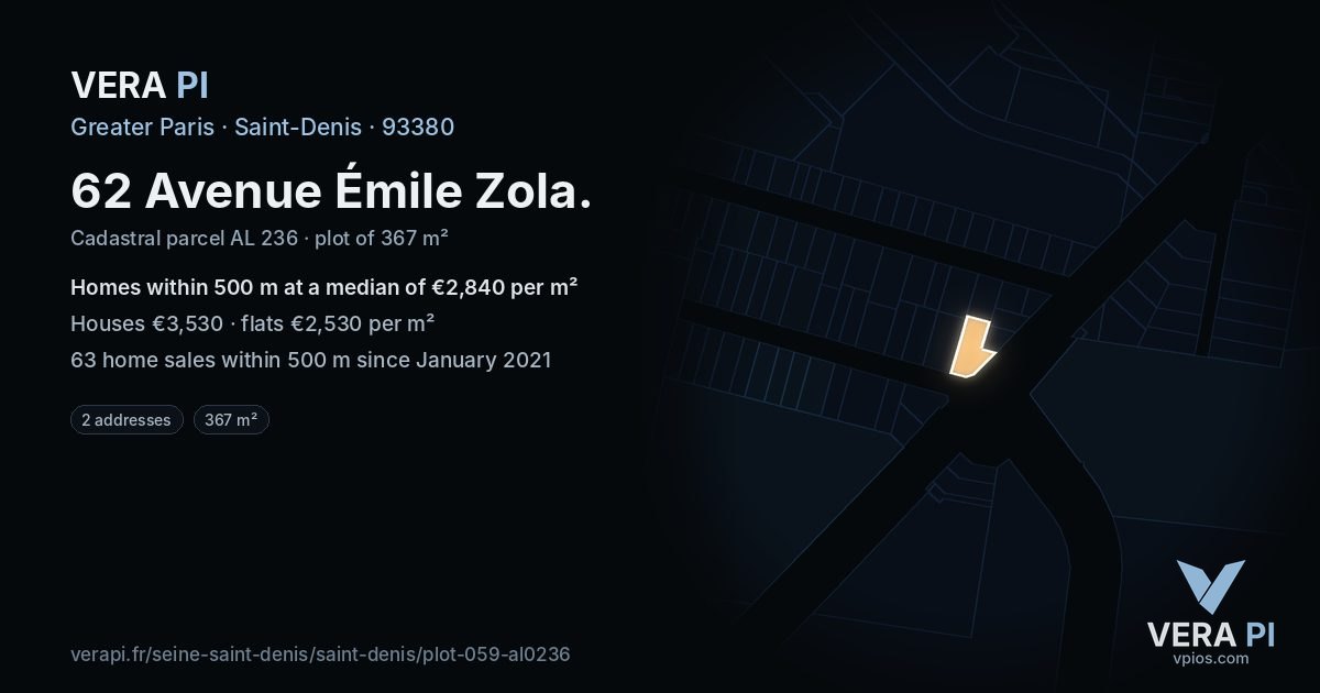 62 Avenue Émile Zola, Saint-Denis at night – the plot lit, the parcels around coloured by the prices near them