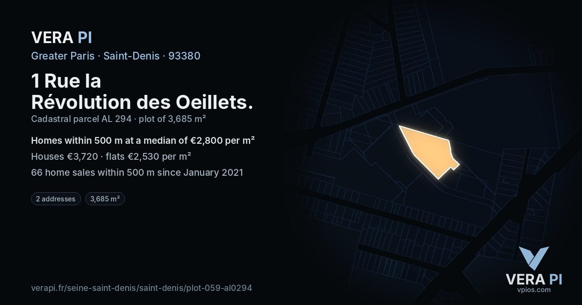 1 Rue la Révolution des Oeillets, Saint-Denis at night – the plot lit, the parcels around coloured by the prices near them