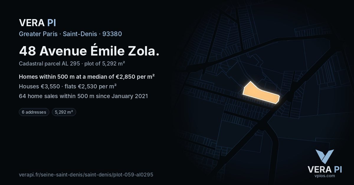 48 Avenue Émile Zola, Saint-Denis at night – the plot lit, the parcels around coloured by the prices near them