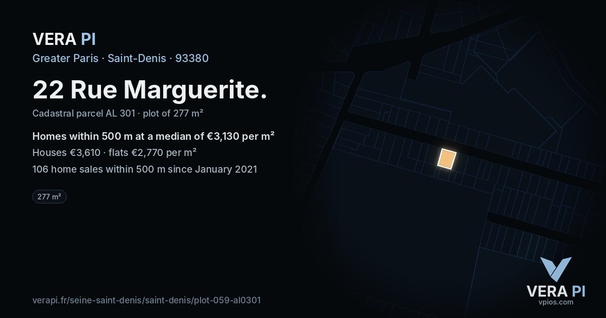 22 Rue Marguerite, Saint-Denis at night – the plot lit, the parcels around coloured by the prices near them