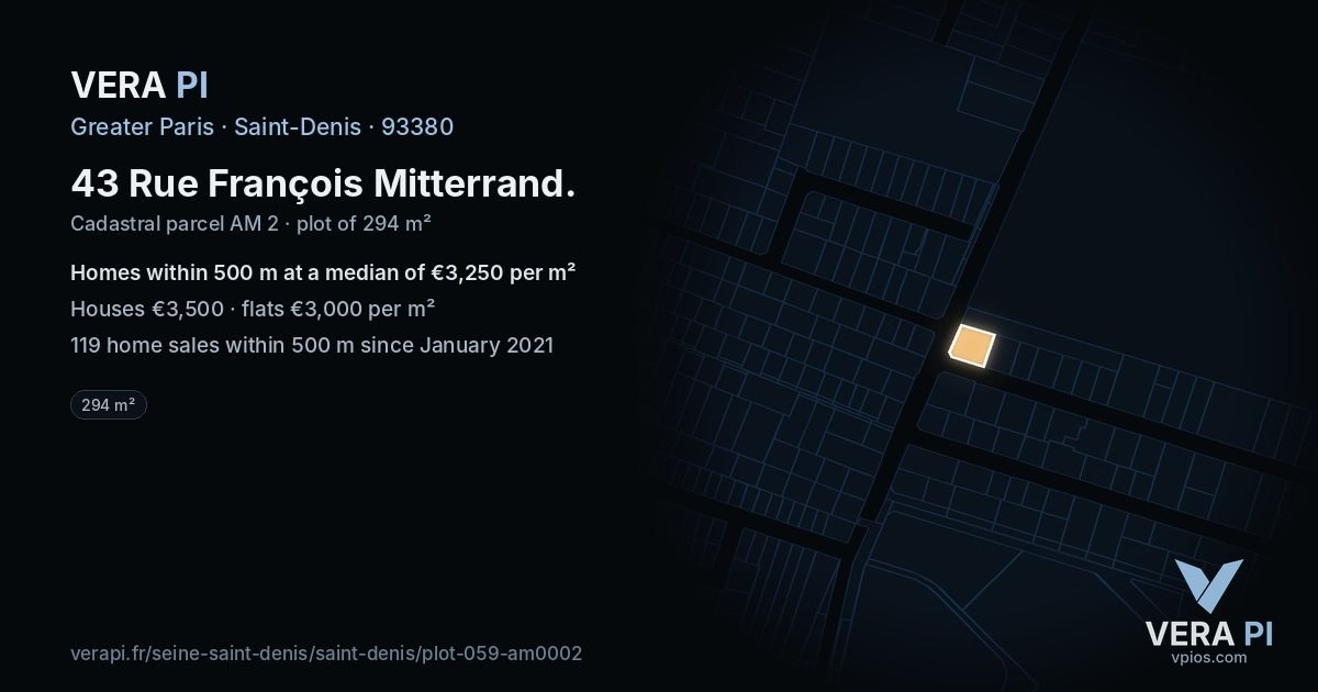 43 Rue François Mitterrand, Saint-Denis at night – the plot lit, the parcels around coloured by the prices near them
