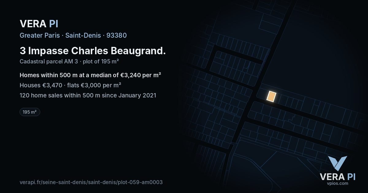 3 Impasse Charles Beaugrand, Saint-Denis at night – the plot lit, the parcels around coloured by the prices near them