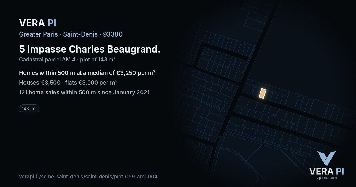 5 Impasse Charles Beaugrand, Saint-Denis at night – the plot lit, the parcels around coloured by the prices near them
