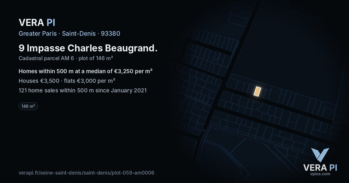 9 Impasse Charles Beaugrand, Saint-Denis at night – the plot lit, the parcels around coloured by the prices near them