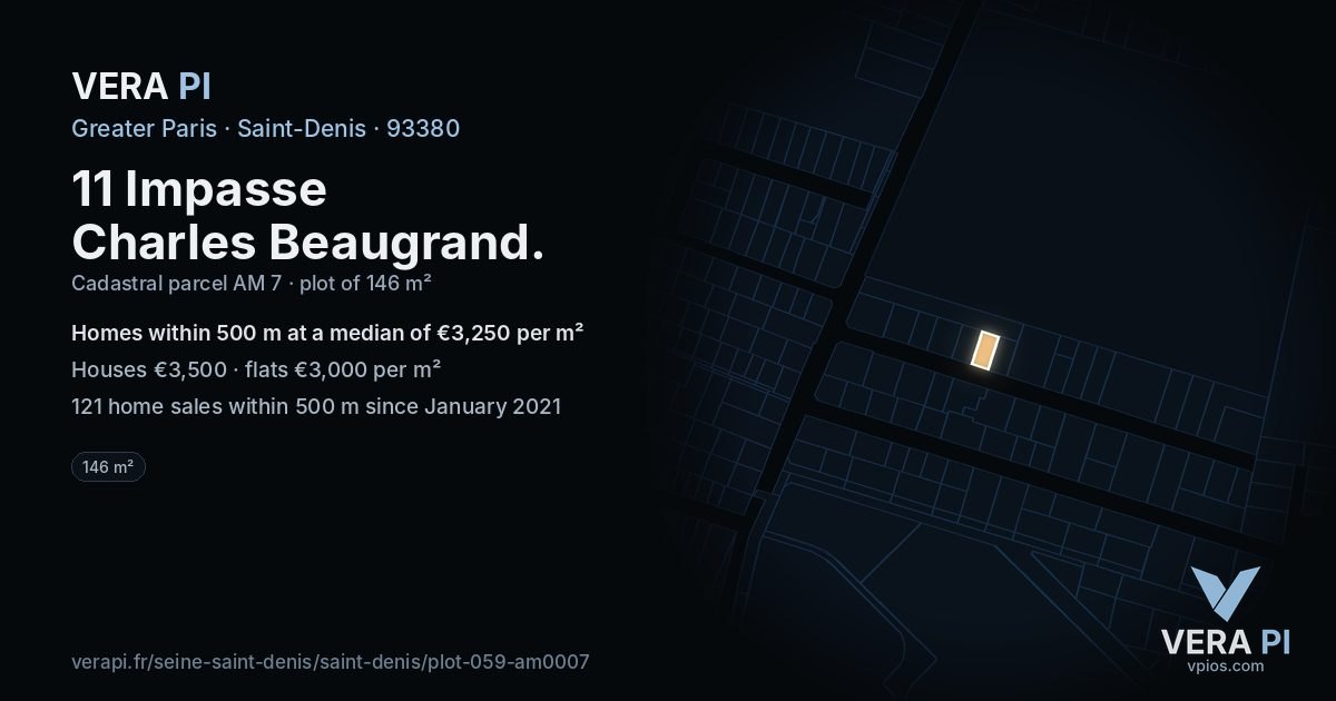 11 Impasse Charles Beaugrand, Saint-Denis at night – the plot lit, the parcels around coloured by the prices near them
