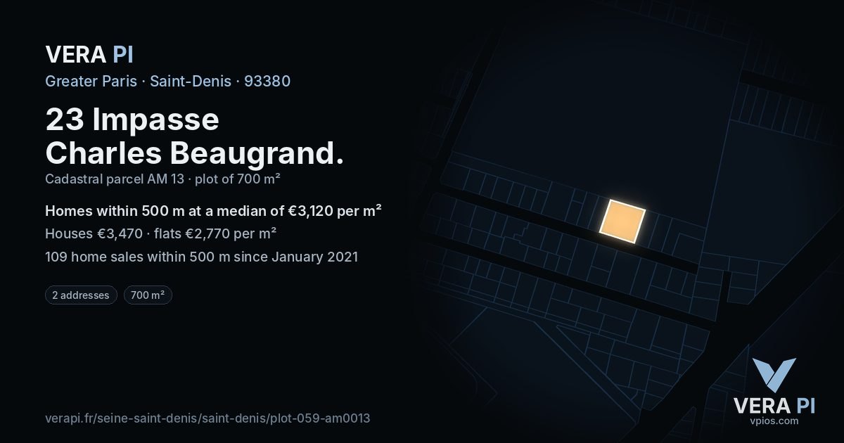 23 Impasse Charles Beaugrand, Saint-Denis at night – the plot lit, the parcels around coloured by the prices near them