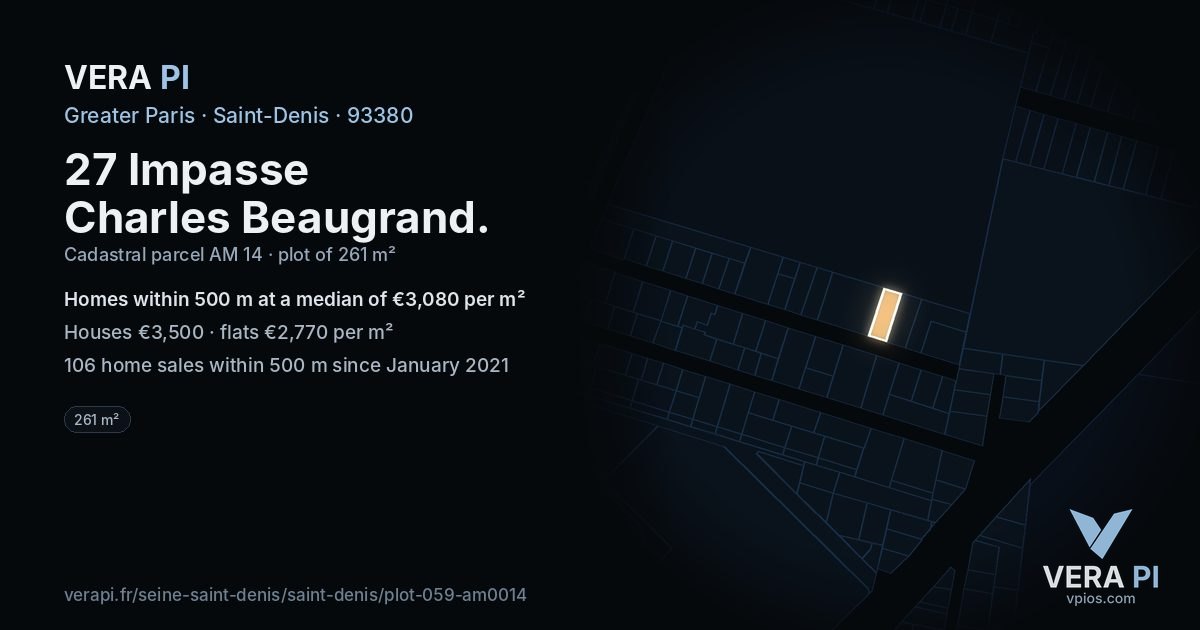 27 Impasse Charles Beaugrand, Saint-Denis at night – the plot lit, the parcels around coloured by the prices near them