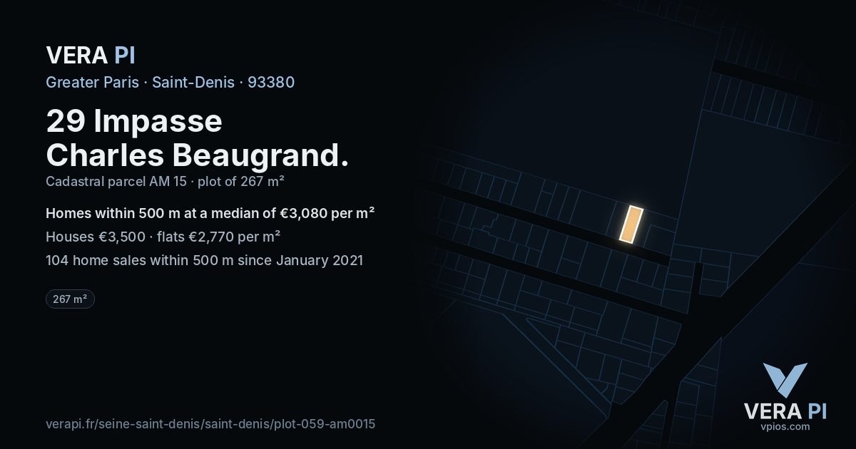 29 Impasse Charles Beaugrand, Saint-Denis at night – the plot lit, the parcels around coloured by the prices near them