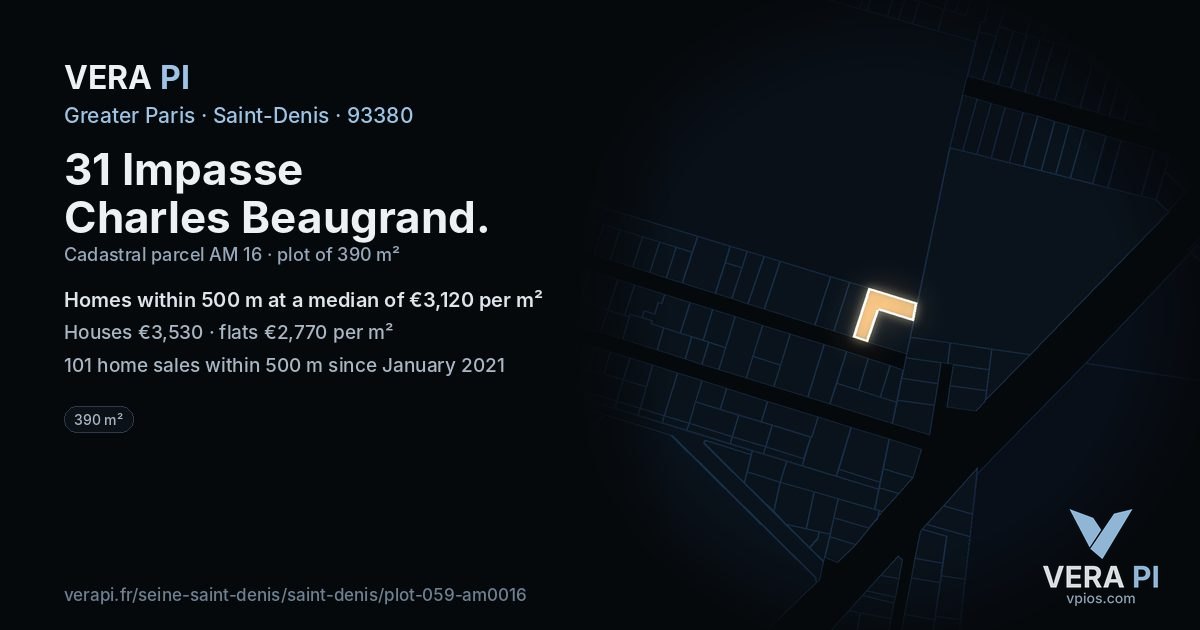 31 Impasse Charles Beaugrand, Saint-Denis at night – the plot lit, the parcels around coloured by the prices near them