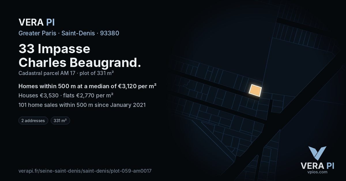 33 Impasse Charles Beaugrand, Saint-Denis at night – the plot lit, the parcels around coloured by the prices near them