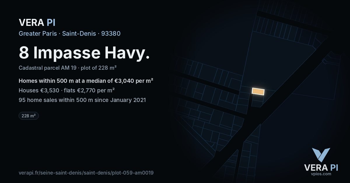 8 Impasse Havy, Saint-Denis at night – the plot lit, the parcels around coloured by the prices near them