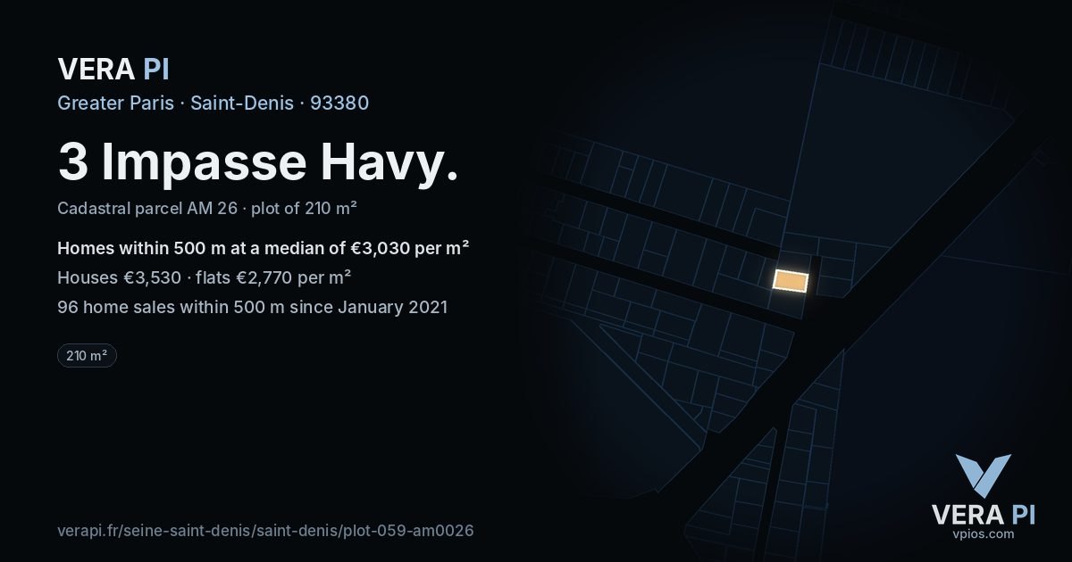 3 Impasse Havy, Saint-Denis at night – the plot lit, the parcels around coloured by the prices near them