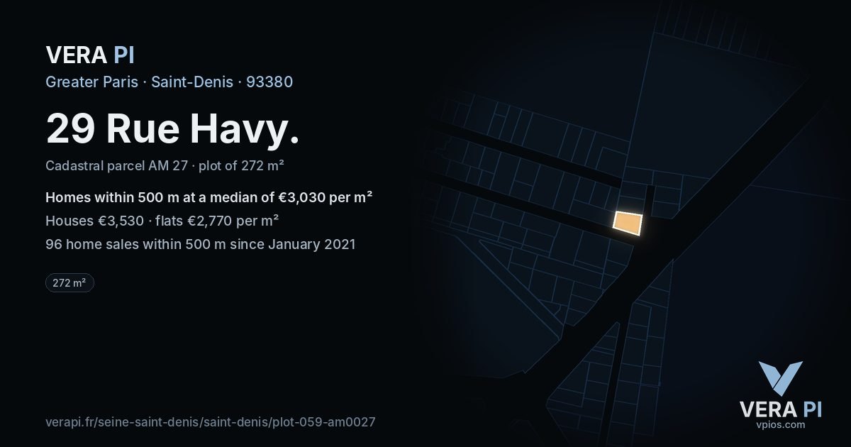29 Rue Havy, Saint-Denis at night – the plot lit, the parcels around coloured by the prices near them