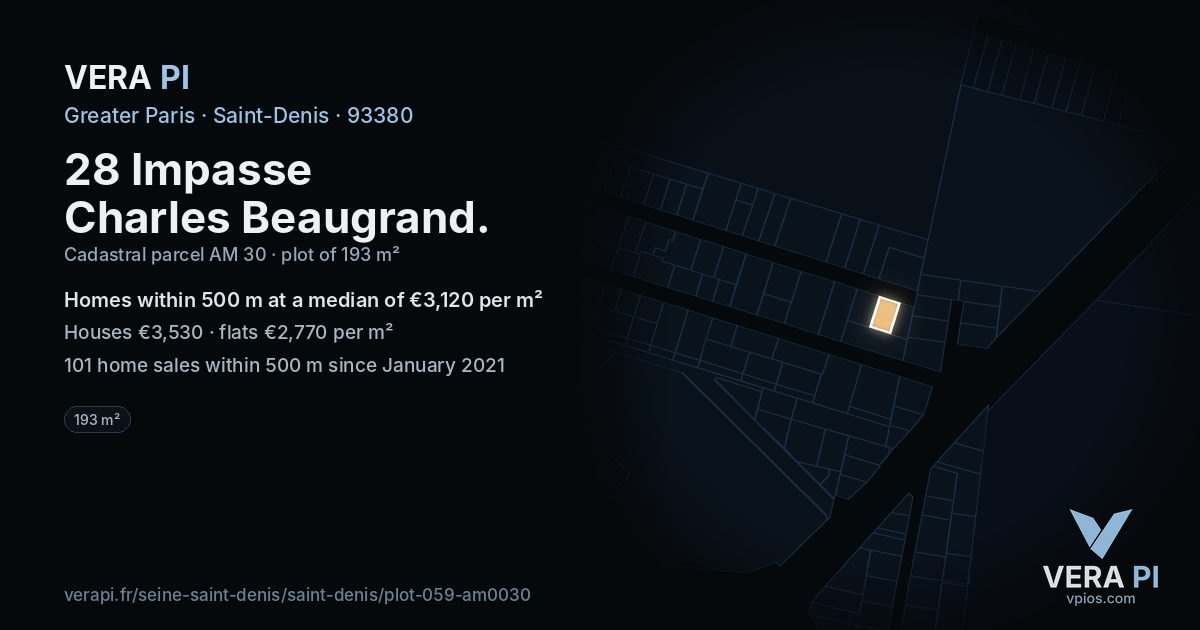 28 Impasse Charles Beaugrand, Saint-Denis at night – the plot lit, the parcels around coloured by the prices near them