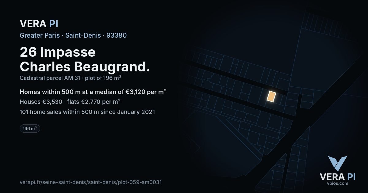 26 Impasse Charles Beaugrand, Saint-Denis at night – the plot lit, the parcels around coloured by the prices near them