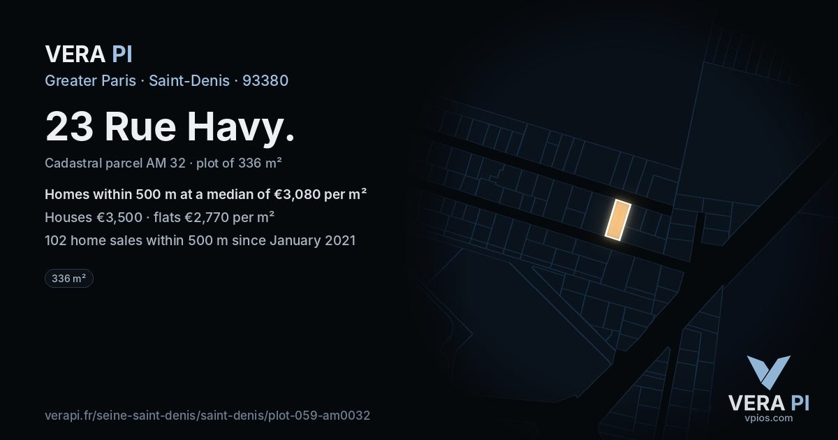 23 Rue Havy, Saint-Denis at night – the plot lit, the parcels around coloured by the prices near them