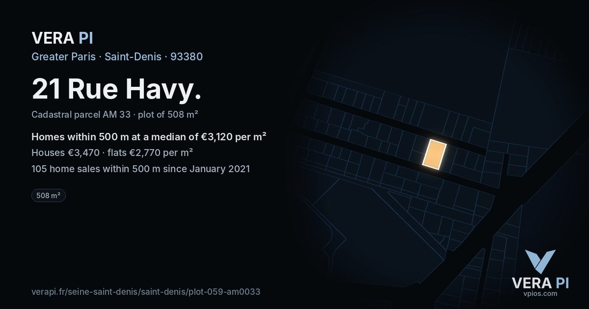 21 Rue Havy, Saint-Denis at night – the plot lit, the parcels around coloured by the prices near them