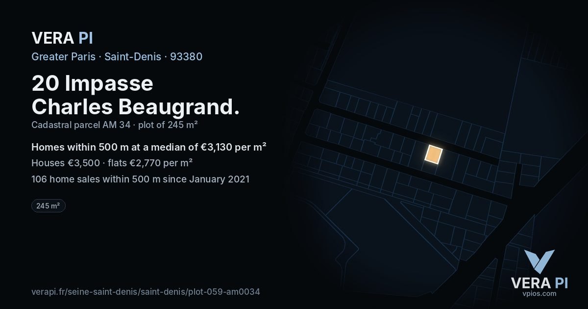 20 Impasse Charles Beaugrand, Saint-Denis at night – the plot lit, the parcels around coloured by the prices near them